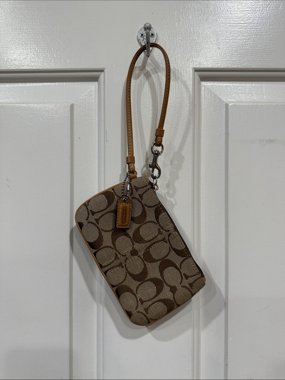 Coach Signature Canvas Corner Zip Wristlet in Brown & Beige
